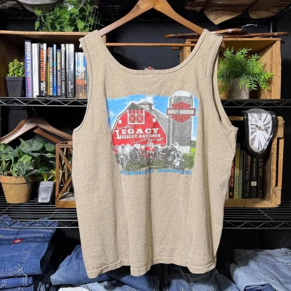Vintage Y2K Harley Davidson Tank Top Brown Black Faded Biker Tee Shirt 2005
